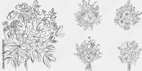 Minimalist black and white collection vintage, hand-drawn flowers in contemporary line art ink, creating a retro timeless bundle shapes doodle design elements. Exotic jungle leaves and plants © Naufal Wibisono