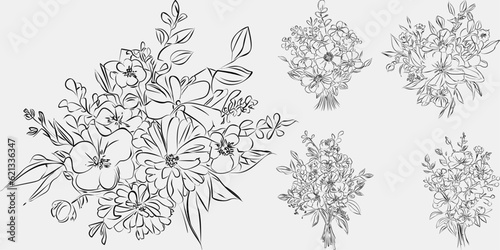 Minimalist black and white collection vintage, hand-drawn flowers in contemporary line art ink, creating a retro timeless bundle shapes doodle design elements. Exotic jungle leaves and plants