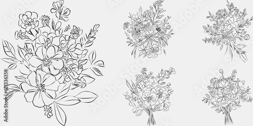 Minimalist black and white collection vintage, hand-drawn flowers in contemporary line art ink, creating a retro timeless bundle shapes doodle design elements. Exotic jungle leaves and plants