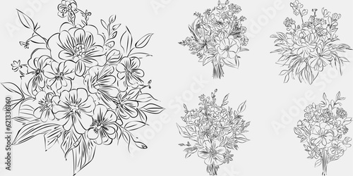 Wallpaper Mural Minimalist black and white collection vintage, hand-drawn flowers in contemporary line art ink, creating a retro timeless bundle shapes doodle design elements. Exotic jungle leaves and plants Torontodigital.ca