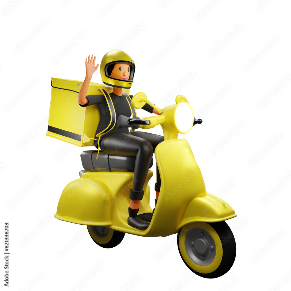 a 3d PNG of a delivery lady on a motorbike waving a 3d PNG of a delivery lady on a motorbike waving