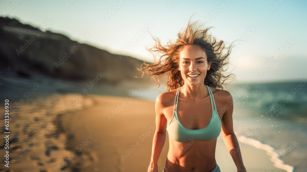 Naklejka premium Smiling female runner jogging during outdoor workout on beach. Half body. Healthy active lifestyle girl. Generative AI