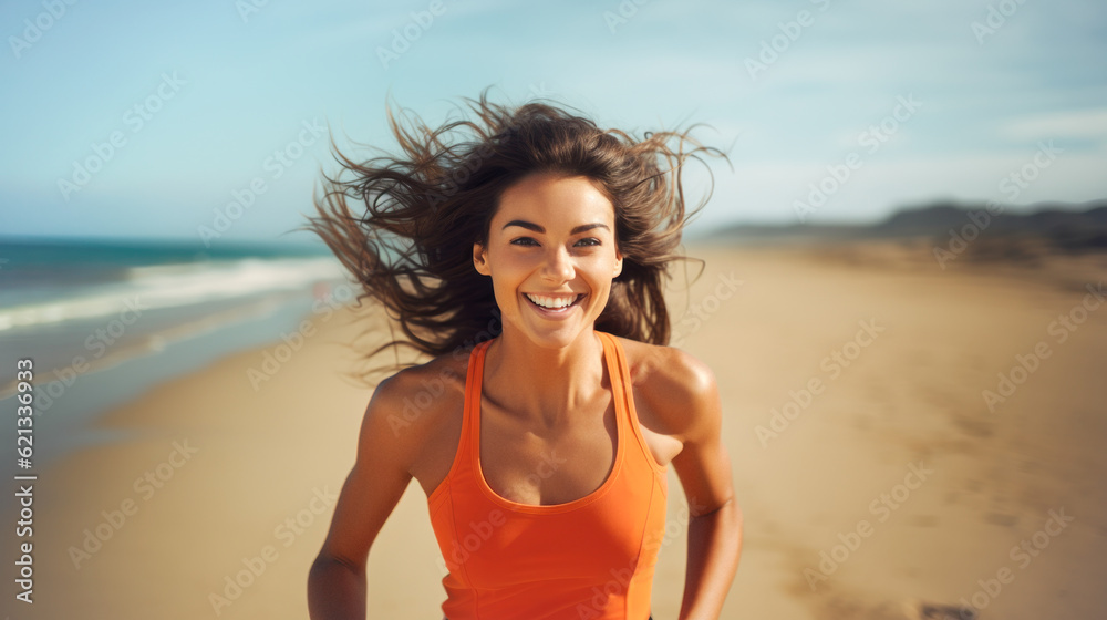 Happy brunette influencer woman running at the beach. Generative AI Happy brunette influencer woman running at the beach. Generative AI