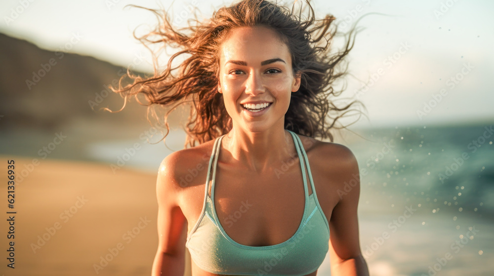 Close up of a smiling female runner jogging during outdoor workout on beach. Healthy active lifestyle girl. Generative AI Close up of a smiling female runner jogging during outdoor workout on beach. Healthy active lifestyle girl. Generative AI