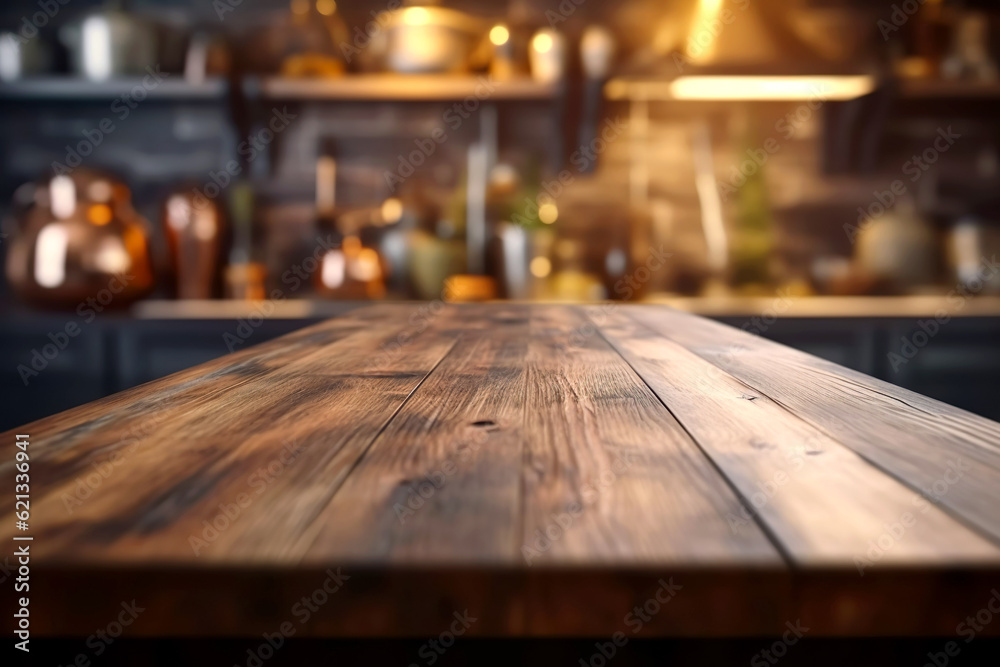 Wooden texture table top on blurred kitchen interior background. Epmty template for product display. Generative Ai Wooden texture table top on blurred kitchen interior background. Epmty template for product display. Generative Ai