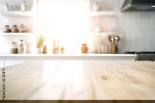 Wooden texture table top on blurred white rustic kitchen interior background. Epmty template for product display. Generative Ai