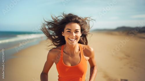 Happy brunette influencer woman running at the beach. Generative AI