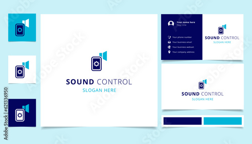 Sound control logo design with editable slogan. Branding book and business card template.