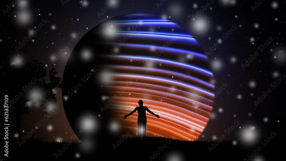 A man in nature at night among glowing flying lights, fireflies raising his hands up to the starry sky, watching the ascent of a beautiful planet, shooting stars. 4k parallax video animation 60 fps. A man in nature at night among glowing flying lights, fireflies raising his hands up to the starry sky, watching the ascent of a beautiful planet, shooting stars. 4k parallax video animation 60 fps.