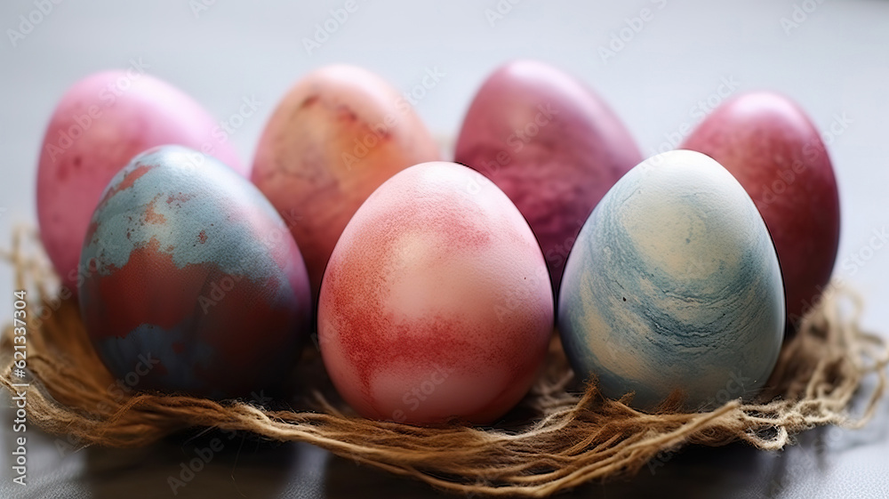 Colorful easter eggs on red cloth. Generative ai Colorful easter eggs on red cloth. Generative ai