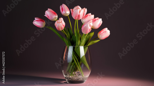 Glass of fresh pink tulip flowers in vase. Generative ai