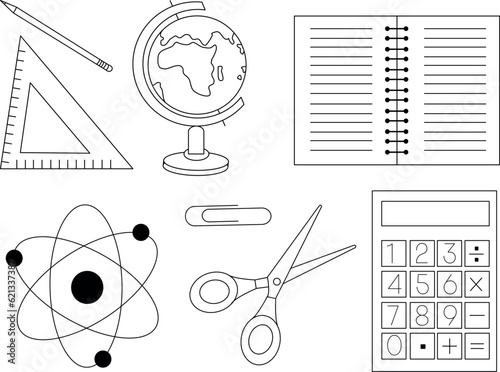 A set of school accessories. School seamless background. Education, science concept. Back to school. Seamless pattern with doodles of school supplies drawn by a pen on a not. 