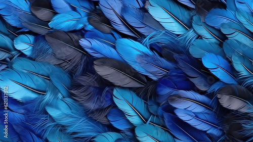 Close up of Blue bird feathers texture background macro. Generative ai