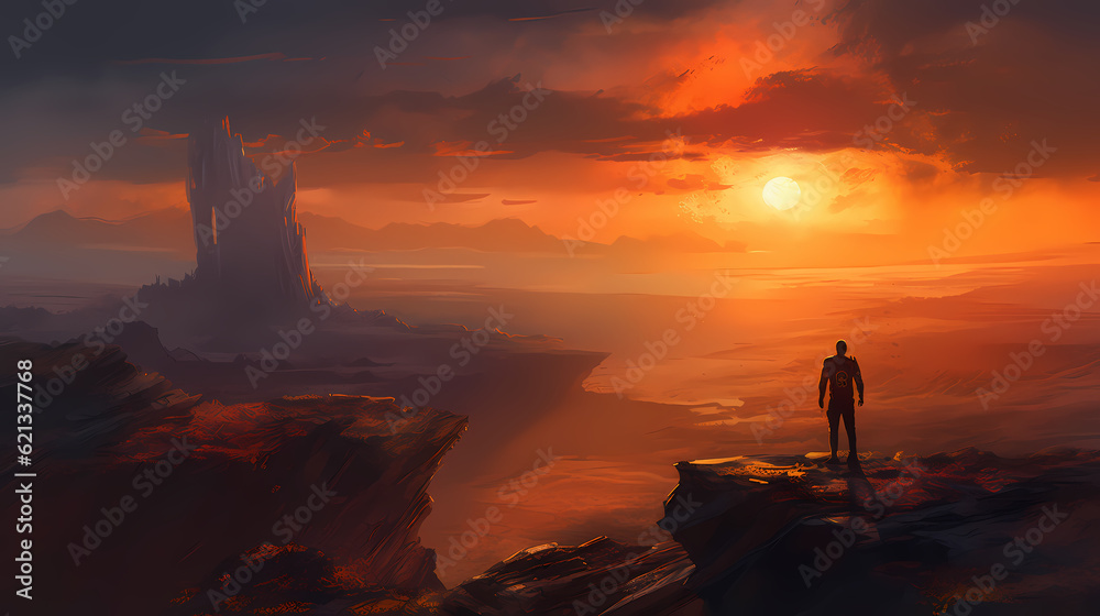 sunset over the mountains, the end of all things, a lonea man standing on the edge of a crumbling cliff, overlooking a devastated world. the sky is ablaze with fiery hues sunset over the mountains, the end of all things, a lonea man standing on the edge of a crumbling cliff, overlooking a devastated world. the sky is ablaze with fiery hues
