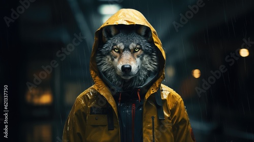 Portrait painting of a wolf wearing a raincoat