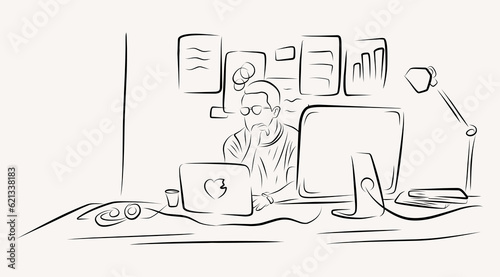 graphic designer working on a computer line art illustration