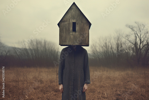 Surreal illustration, faceless woman with a house instead of a head