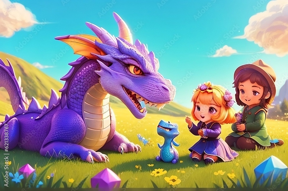 Friendly Dragon Befriends Children in Sunny Meadow - Generative AI Friendly Dragon Befriends Children in Sunny Meadow - Generative AI