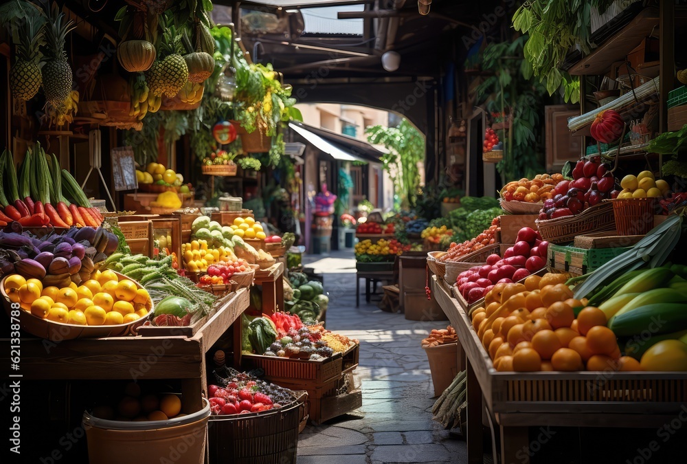 Array of fruits and vegetables for sale on the market