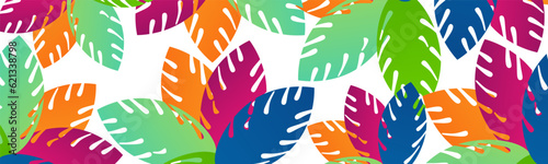 turquoise and colorful tropical leaves. Seamless graphic design with great palms. Fashion, interior, wrapping, packaging match. Realistic palm leaves.
