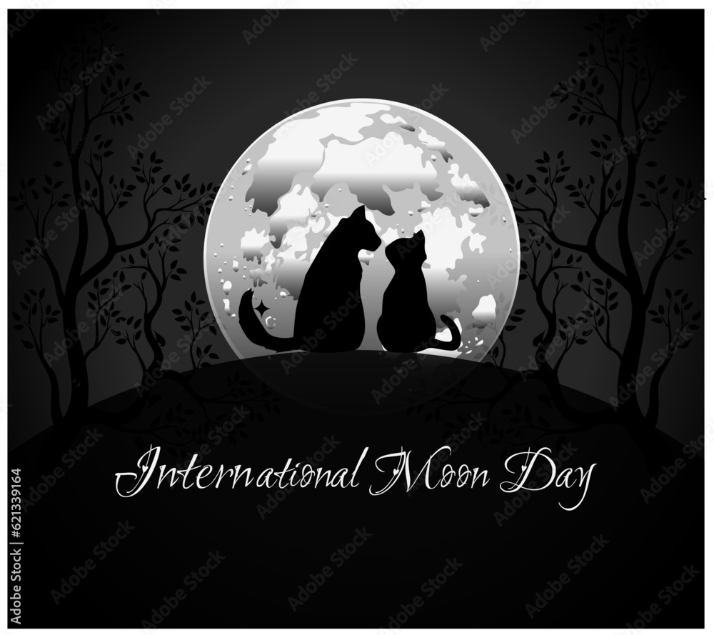 international moon day. Silhouette of a cat looking at the moon. Suitable for wallpapers, posters, pictures, vector graphics illustration, cat day.