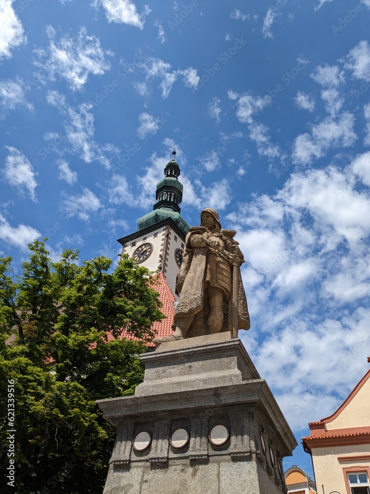 Tabor historical city center with old town square in south Bohemia.Jan Zizka statue of warrior,Czech republic Europe,panorama landscape view