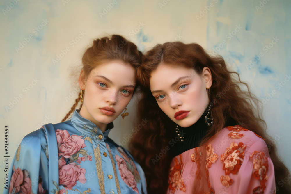 two female friends/models/lgbtq couple in magazine editorial fashion/beauty photo shoot standing in daylight setting film photography look - generative ai art two female friends/models/lgbtq couple in magazine editorial fashion/beauty photo shoot standing in daylight setting film photography look - generative ai art