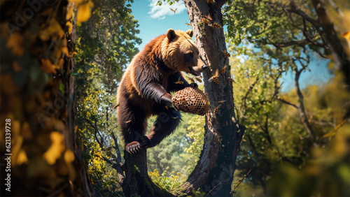 A bear in the forest attacks a bee's nest for honey