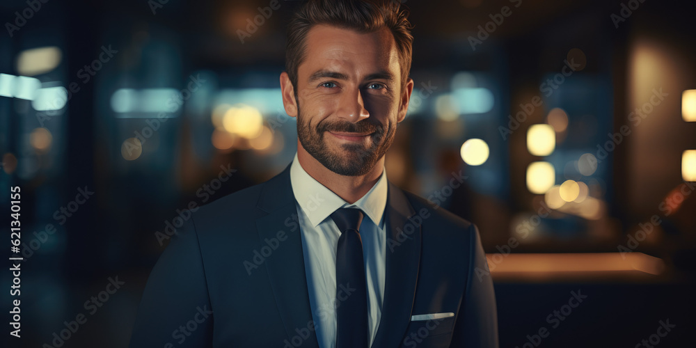 Boss man looking at camera and smiling, young businessman banker with beard photo with close up portrait Boss man looking at camera and smiling, young businessman banker with beard photo with close up portrait
