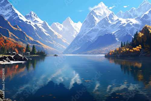 panoramic view of a tranquil lake surrounded by towering mountains, with the reflection of the snow-capped peaks shimmering on the calm water