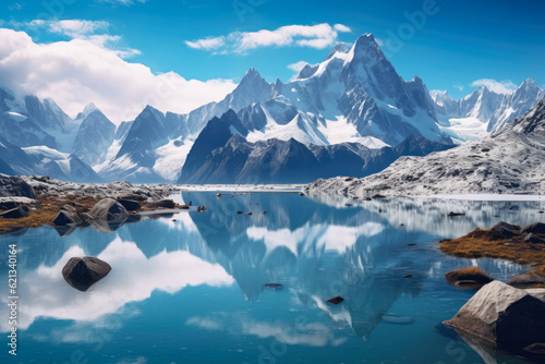 breathtaking panoramic shot of a serene alpine landscape, with snow-capped peaks, pristine glaciers, and a tranquil lake reflecting the majestic mountains