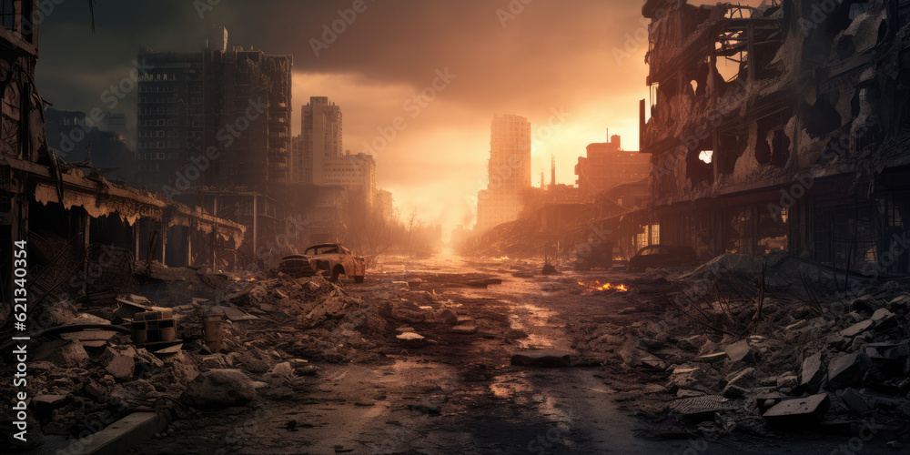 A post - apocalyptic ruined city. Destroyed buildings