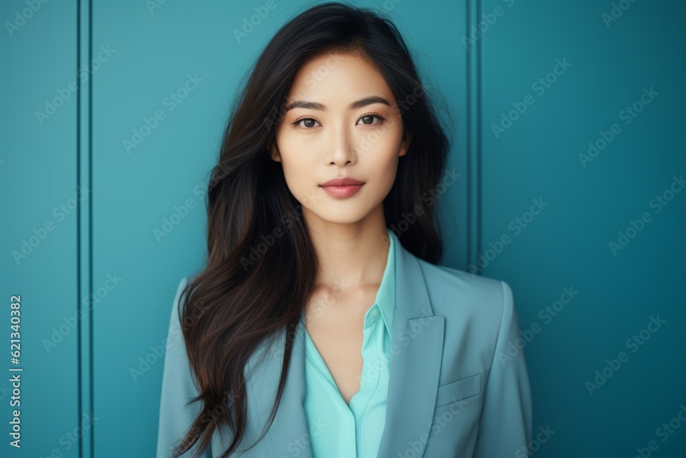 Close up female portrait beautiful young Asian woman in azure formal