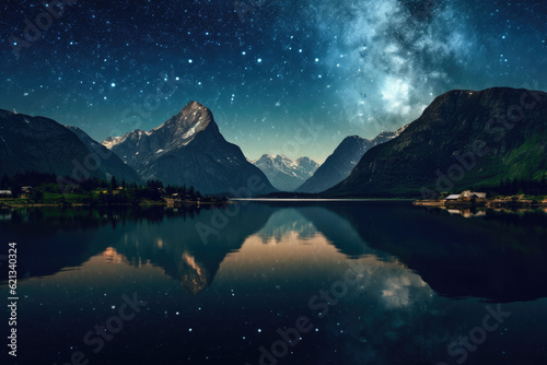mesmerizing panoramic shot of a starry night sky  with the Milky Way galaxy stretching across the horizon  illuminating the silhouettes of towering mountains