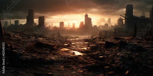 A post - apocalyptic ruined city. Destroyed buildings photo