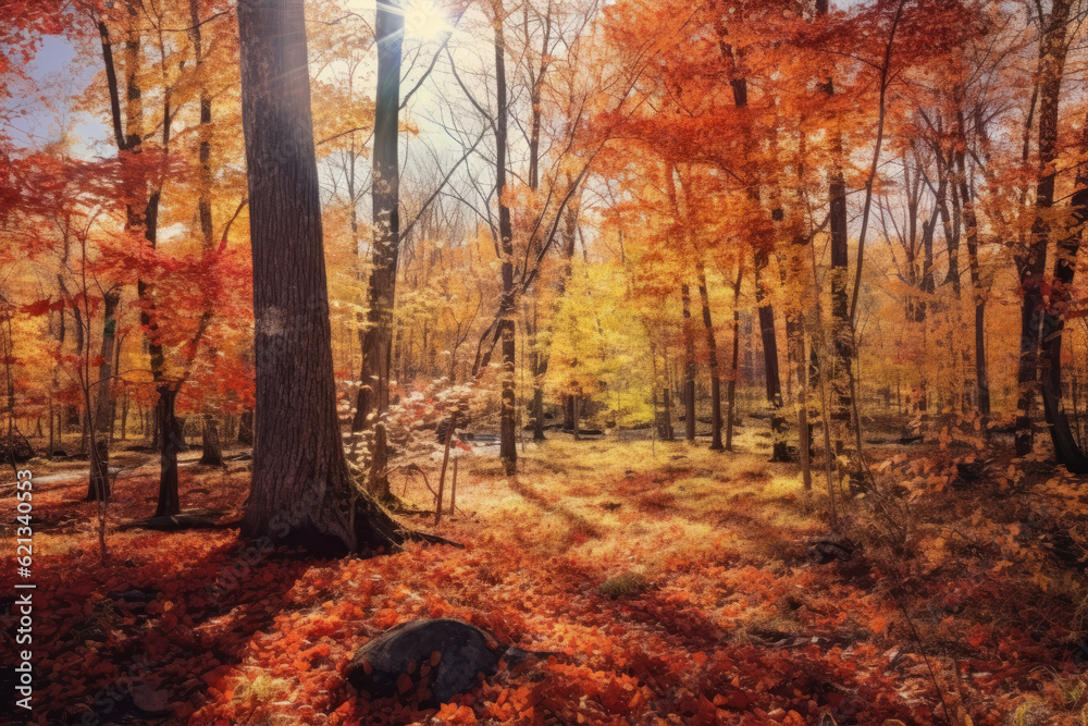 Obraz premium panoramic view of a vibrant autumn forest, with trees adorned in a stunning display of red, orange, and gold leaves, creating a captivating scene of nature's beauty