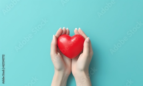 Female hands holding a red heart on a turquoise background ai generated
