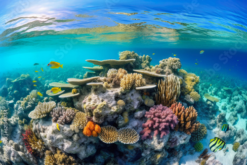 panoramic shot of a vibrant coral reef in crystal-clear turquoise waters, teeming with colorful fish, intricate coral formations, and a sense of underwater tranquility