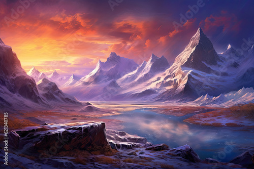 awe-inspiring panoramic view of a snow-covered mountain range, with jagged peaks piercing the sky, frozen lakes nestled in the valleys, and a pristine winter landscape as far