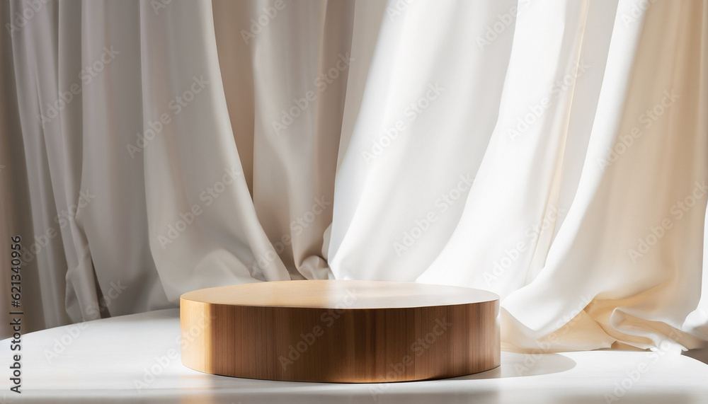 empty wooden podium with soft white blowing drapery curtain drapes for cosmetic product display