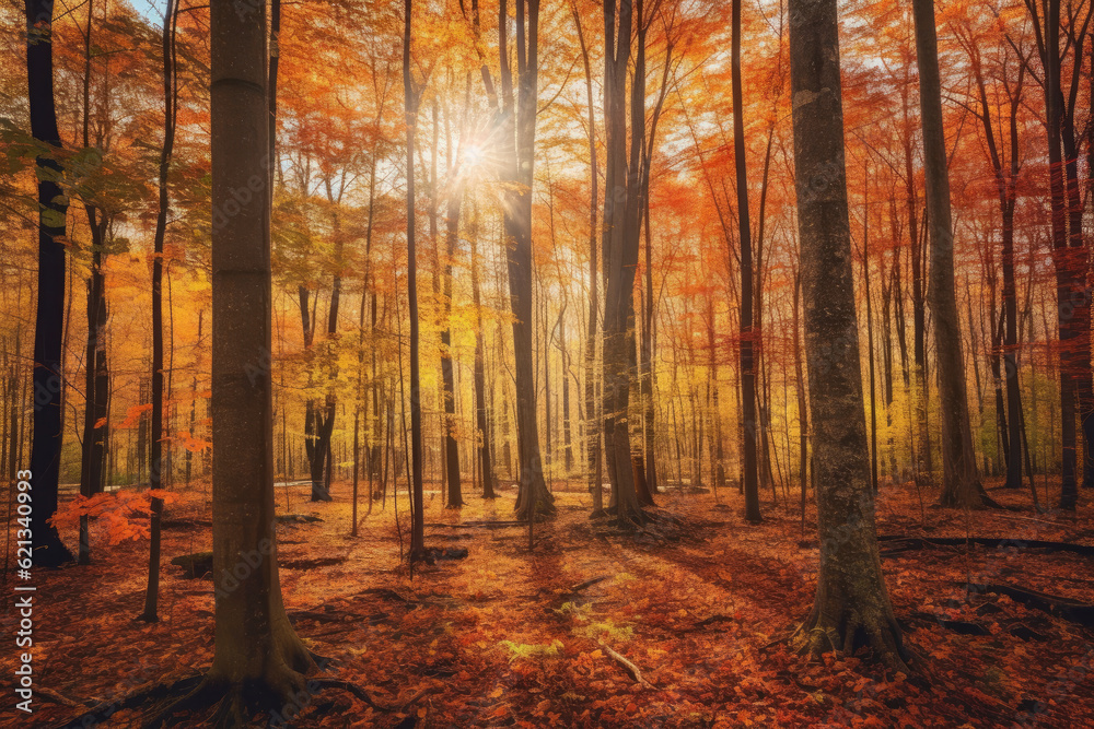 panoramic shot of a vibrant autumnal forest, with trees ablaze in shades of red, orange, and yellow, creating a mesmerizing display of fall foliage and a sense of warmth