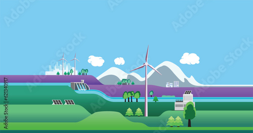Landscape with wind turbines, solar panels, hydropower dam. Green energy facilities with houses and city. Green energy concept, flat design vector graphic illustration for web sites, advertising. photo
