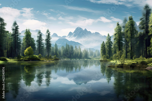 panoramic view of a tranquil lake surrounded by lush green forests, with the reflection of towering mountains on the calm water surface, and a peaceful atmosphere that invites