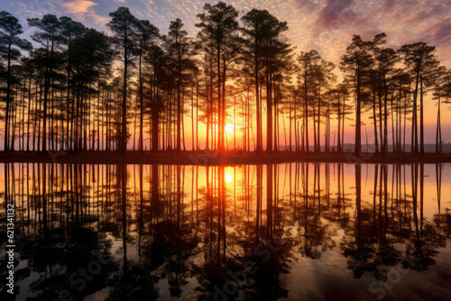 mesmerizing panoramic view of a serene lake at sunrise, with the tranquil water reflecting the vibrant colors of the sky, and silhouettes of trees casting long shadows