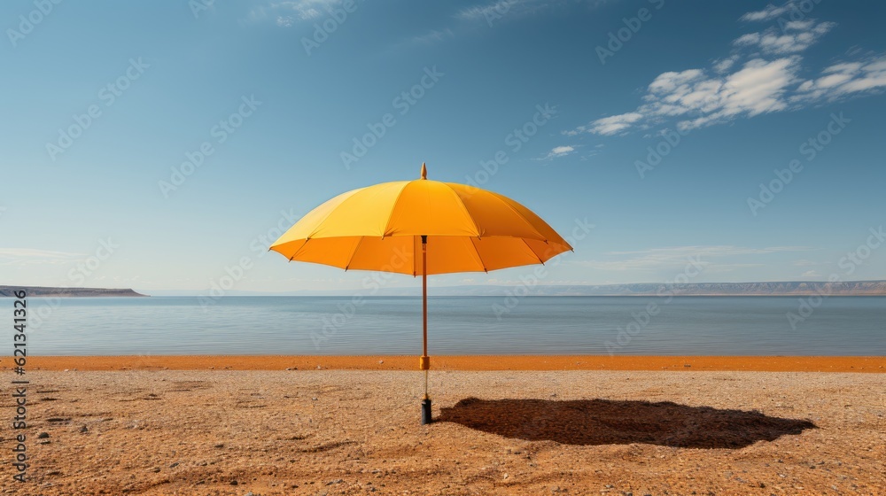 Minimalist shot, single yellow umbrella on a deserted beach. Generative AI