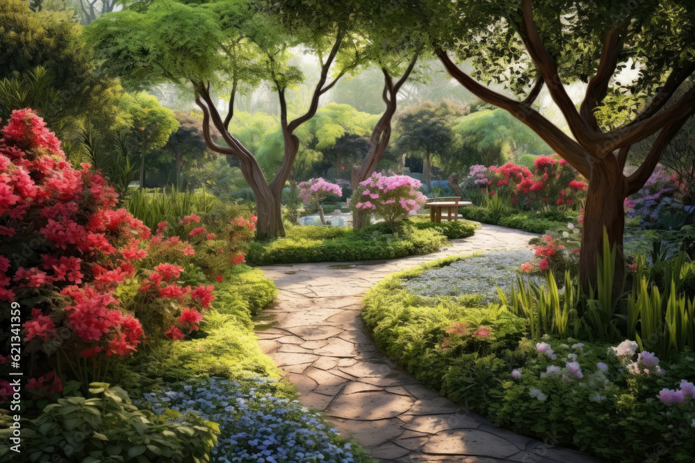 panoramic view of a tranquil garden, with vibrant blooming flowers, winding pathways, and lush greenery, creating a peaceful and harmonious oasis of natural beauty