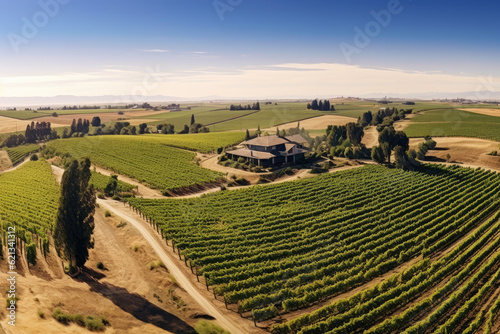 panoramic aerial view of a vast vineyard, with rows of grapevines stretching to the horizon, lush green foliage, and a winery nestled among the vineyard rows