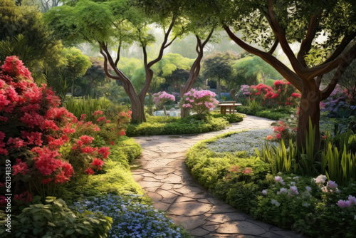 panoramic view of a tranquil garden  with vibrant blooming flowers  winding pathways  and lush greenery  creating a peaceful and harmonious oasis of natural beauty