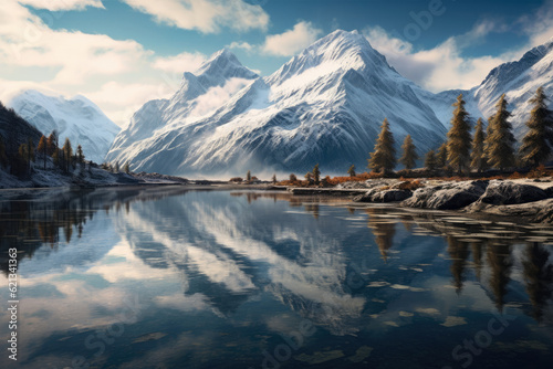 expansive panoramic shot of a tranquil lake surrounded by majestic mountains, with the reflection of the snow-capped peaks shimmering on the serene water surface © aicandy