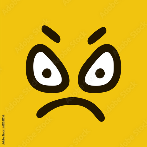 Angry emoticon in doodle style yellow background. Vector Illustration